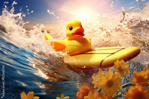 AI generated illustration of a yellow rubber duck surfing on sea waves