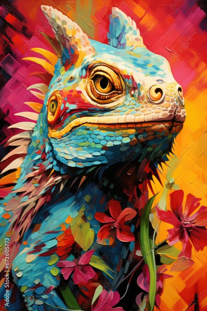 AI generated illustration of an oil painting of an iguana