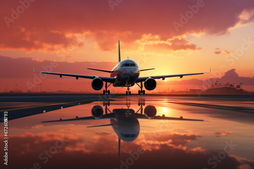 An airplane moments from touching down on the runway at sunrise, aesthetic look © alisaaa