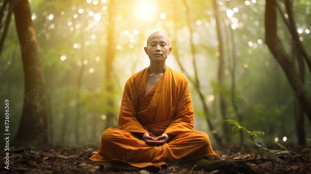 Thai monk meditating in the green forest