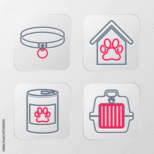Set line Pet carry case, Canned food, Dog house and paw print pet and Collar icon. Vector