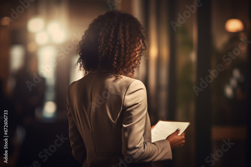 Back view of african american businesswoman holding notebook and pencil in office, soft light photography