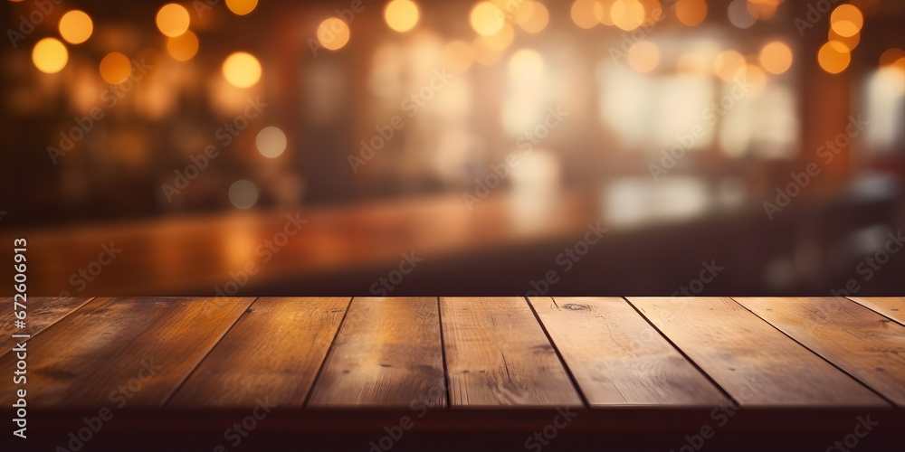 empty bar table mock-up in coffee house bar bokeh blurred background - Generative ai
