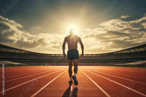 Back view of male athlete in starting position on running track, soft light photography