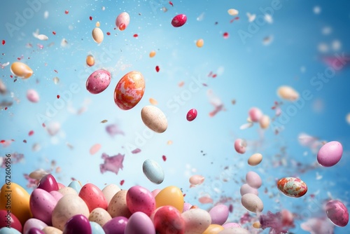 An artistic concept with colorful eggs and egg shells flying in the air on Easter day, offering view and copy space. Generative AI