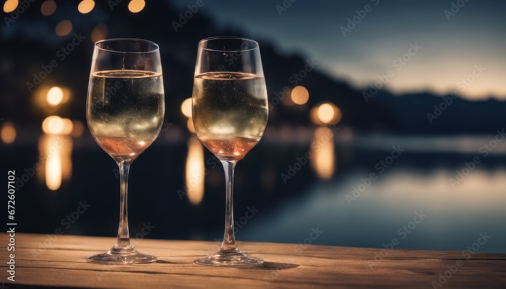 Two glasses of white wine on a wooden table with a beautiful view of a lake and mountains in the background. The photo has a warm and romantic mood.
