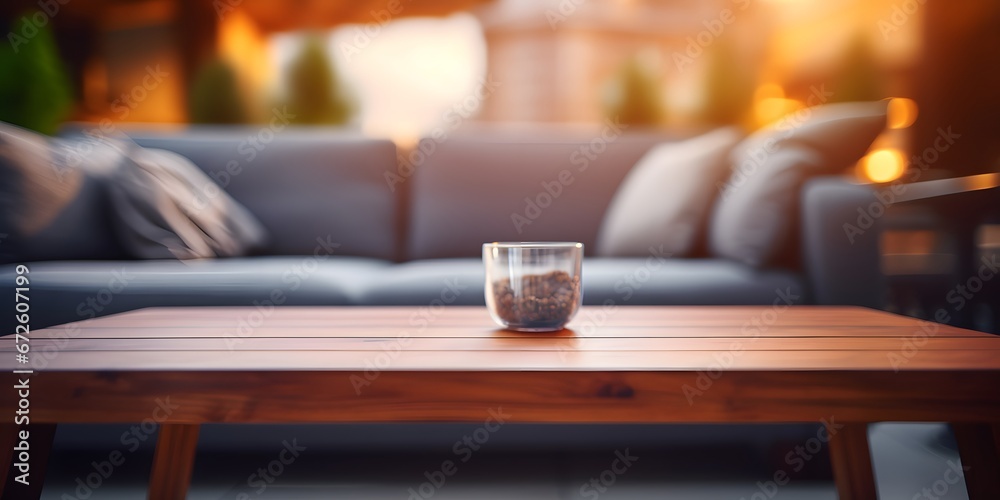 Empty coffee table mock-up in a living room early morning light blurred background - Generative ai