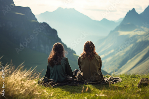Back view of young female travelers resting on grass in mountains, soft light photography