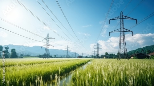 High-voltage electric poles and rice fields