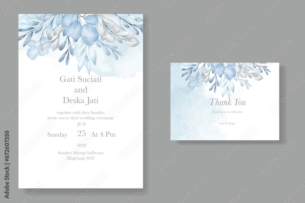 blue winter leaves watercolor wedding invitation