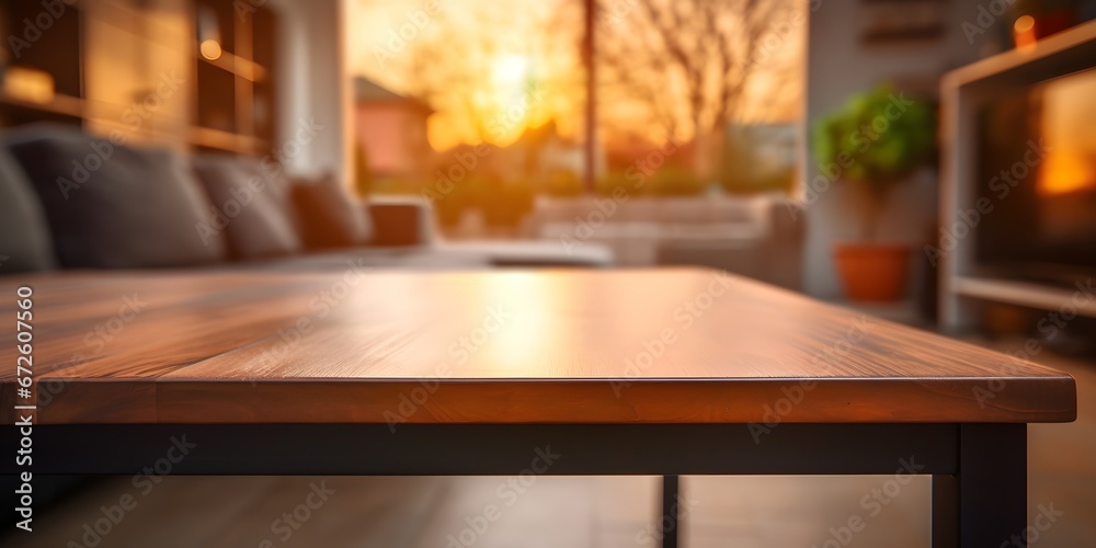 Empty coffee table mock-up in a living room early morning light blurred background - Generative ai Empty coffee table mock-up in a living room early morning light blurred background - Generative ai