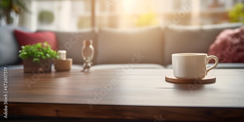 Wallpaper Mural Empty coffee table mock-up in a living room early morning light blurred background - Generative ai Torontodigital.ca