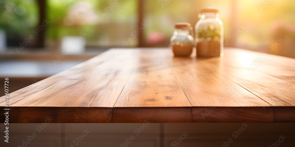 Empty kitchen table mock-up in early morning with a light blurred background - Generative ai Empty kitchen table mock-up in early morning with a light blurred background - Generative ai