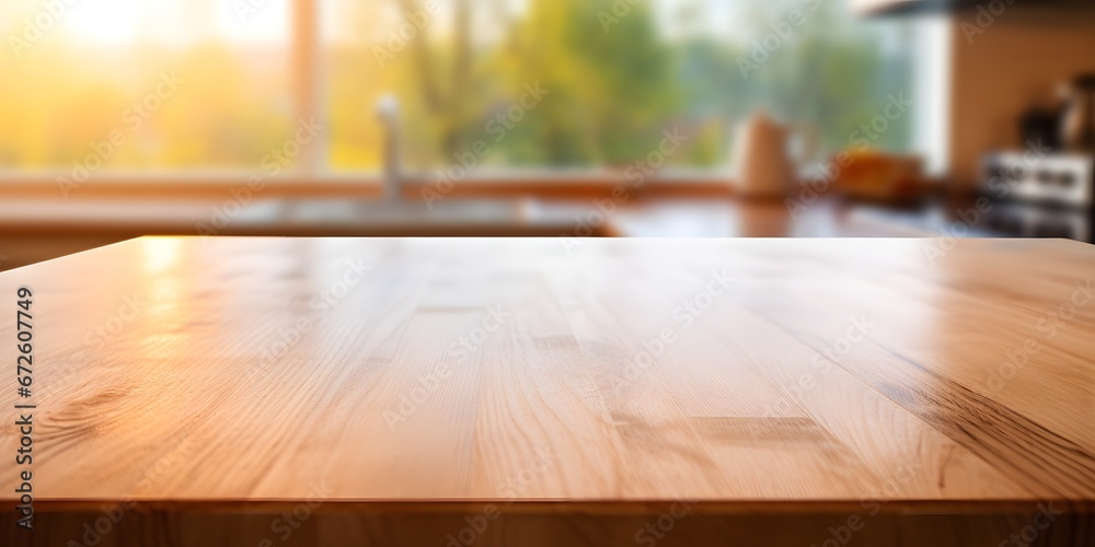 Empty kitchen table mock-up in early morning with a light blurred background - Generative ai Empty kitchen table mock-up in early morning with a light blurred background - Generative ai