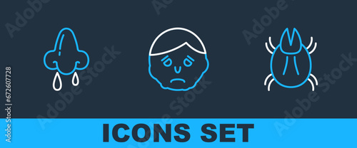 Set line Parasite mite, Runny nose and Inflammation on face icon. Vector