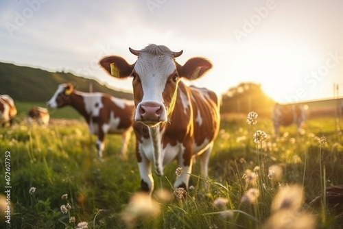 Beautiful sunset on a pasture or a meadow, where cows and calves graze on a green grass, Cow grazing on a pasture during a sunset, Countryside pasture with green grass and flowers, cattle grazing photo
