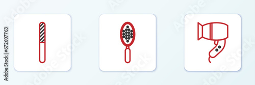 Set line Hair dryer, Nail file and Hairbrush icon. Vector