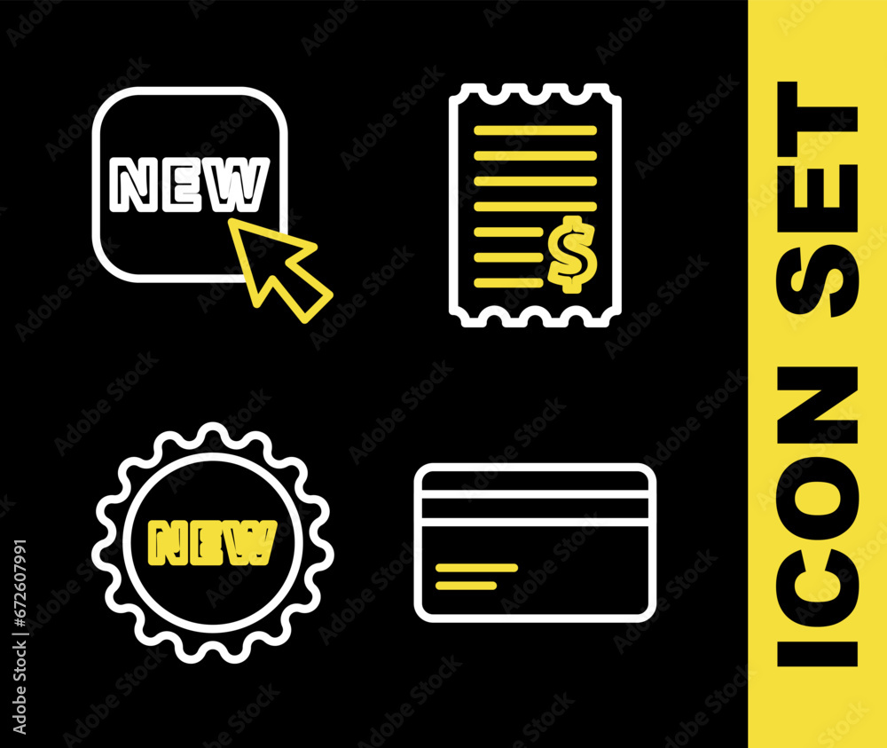 Set line Paper check and financial check, Credit card, Price tag with text New and Button icon. Vector Set line Paper check and financial check, Credit card, Price tag with text New and Button icon. Vector