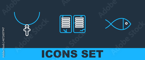 Set line Christian fish, cross on chain and The commandments icon. Vector