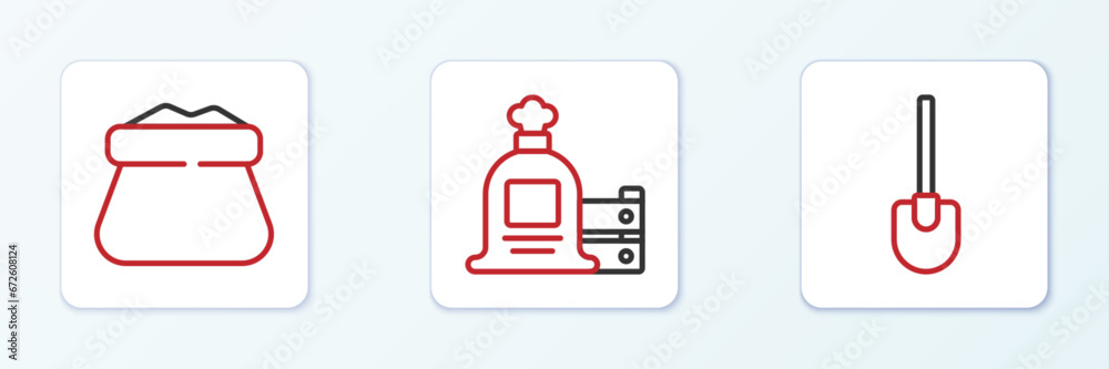 Set line Shovel, Full sack and and wooden box icon. Vector