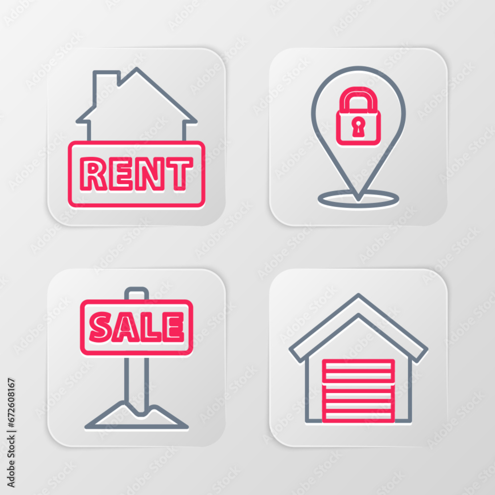Set line Garage, Hanging sign with Sale, Location lock and Rent icon. Vector Set line Garage, Hanging sign with Sale, Location lock and Rent icon. Vector