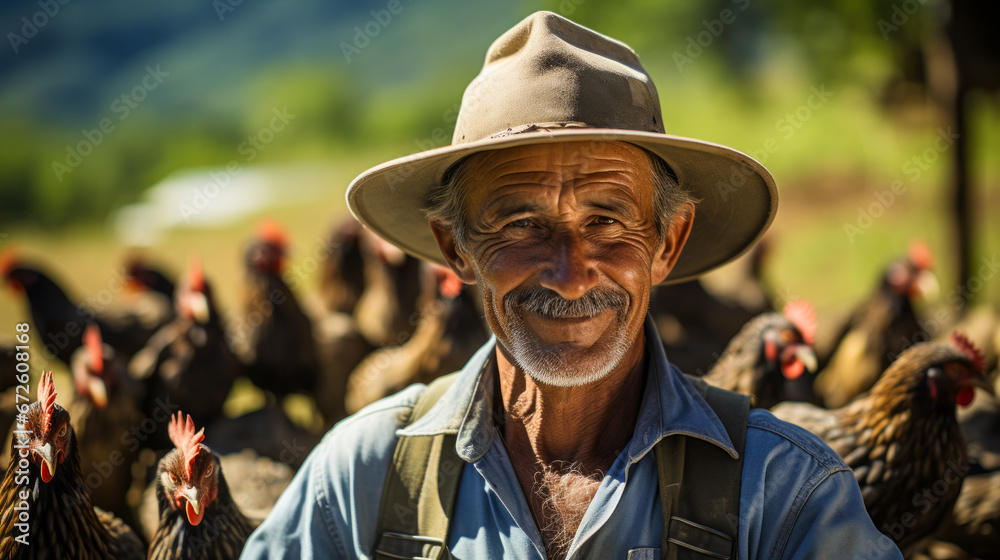 Farmer in straw hat among free-range chickens in green field. Farmer in straw hat among free-range chickens in green field.