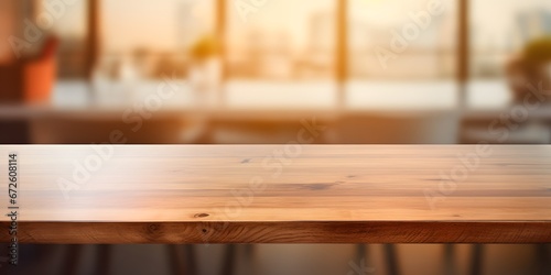 Empty kitchen table mock-up in early morning with a light blurred background - Generative ai