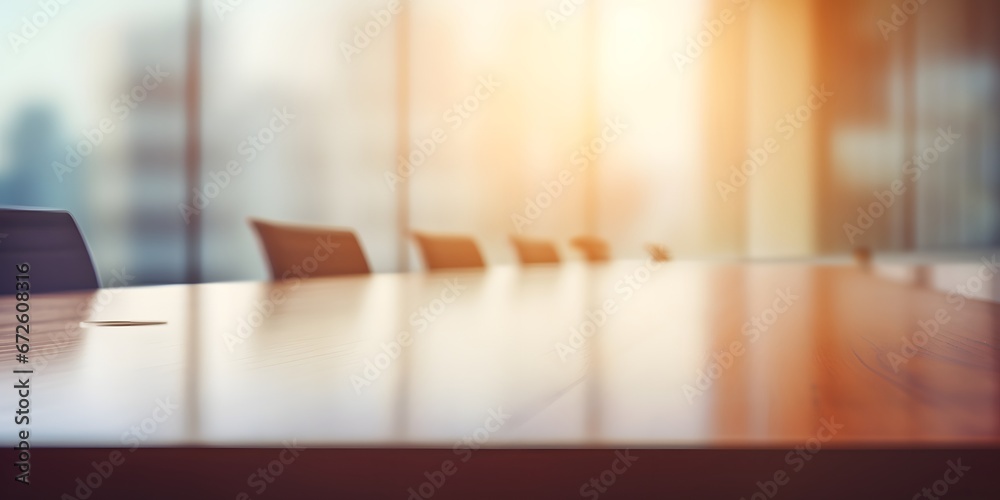 Empty meeting room table mock up in early morning light blurred background - Generative ai Empty meeting room table mock up in early morning light blurred background - Generative ai