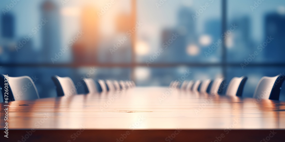 Empty meeting room table mock up in early morning light blurred background - Generative ai Empty meeting room table mock up in early morning light blurred background - Generative ai