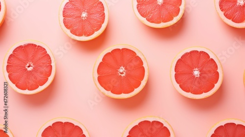 Ripe, juicy grapefruits cut into slices, laid out on a bright pink background, AI-generated.