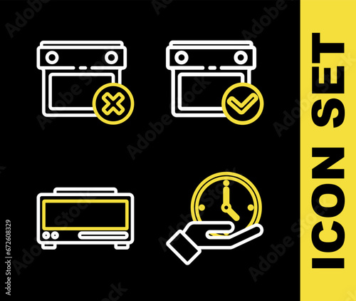 Set line Calendar with check mark, Clock, Digital alarm clock and date delete icon. Vector