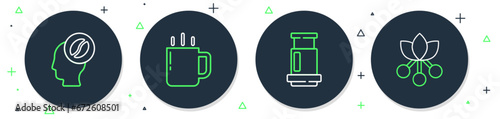 Set line Coffee cup, Aeropress coffee, Barista and bean, branch icon. Vector