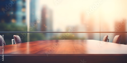 Empty meeting room table mock up in early morning light blurred background - Generative ai