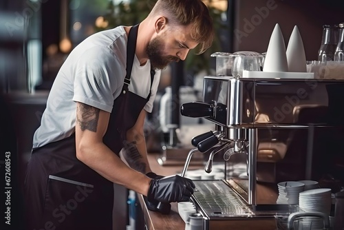 man cleaning espresso machine at cafe