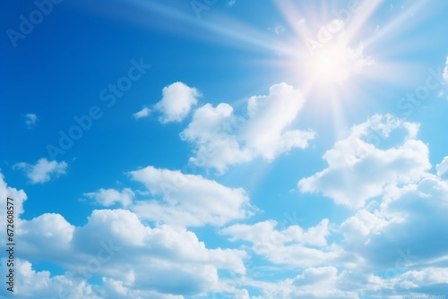 Bright sunshine with sun flares and clouds on clear blue sky background  hot summer concept