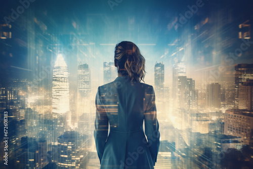 Business Property Development and Investment Concept, Double Exposure of Businesswoman Rear View and Cityscape Buildings, Goal Business Executive Marketing of Successful Entrepreneur photo