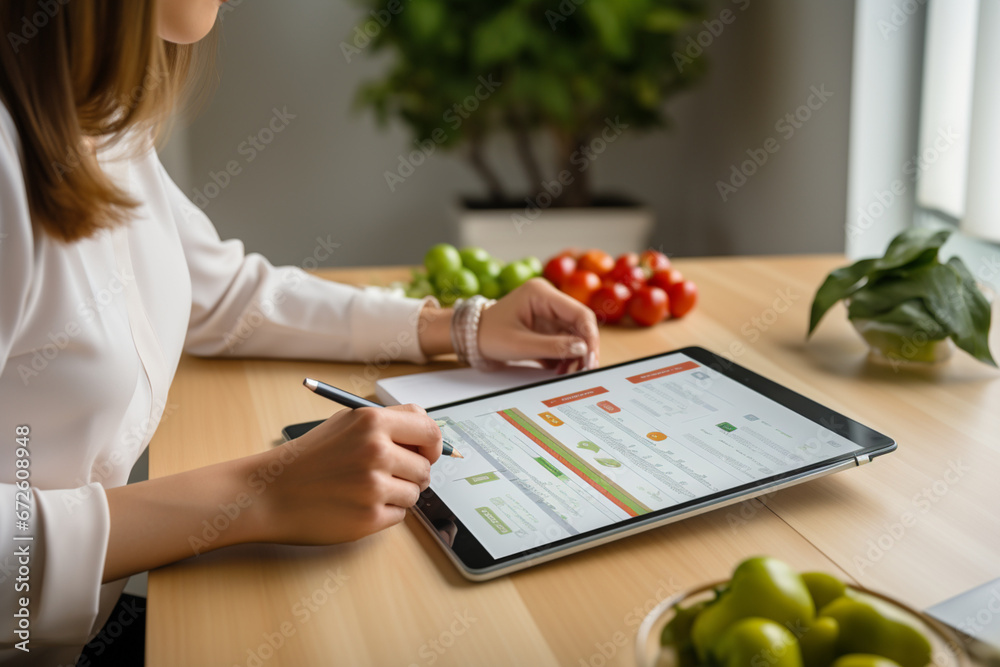 Calories counting , diet , food control and weight loss concept, woman using Calorie counter application on tablet at dining table with fresh vegetable and calculator - obrazy, fototapety, plakaty 