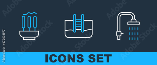 Set line Shower, Incense sticks and Swimming pool with ladder icon. Vector