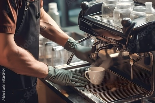 man cleaning espresso machine at cafe photo