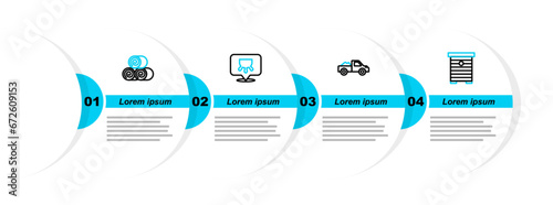 Set line Hive for bees, Pickup truck, Udder and Roll of hay icon. Vector