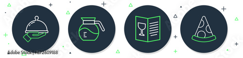 Set line Coffee pot, Restaurant cafe menu, Covered with tray food and Slice pizza icon. Vector