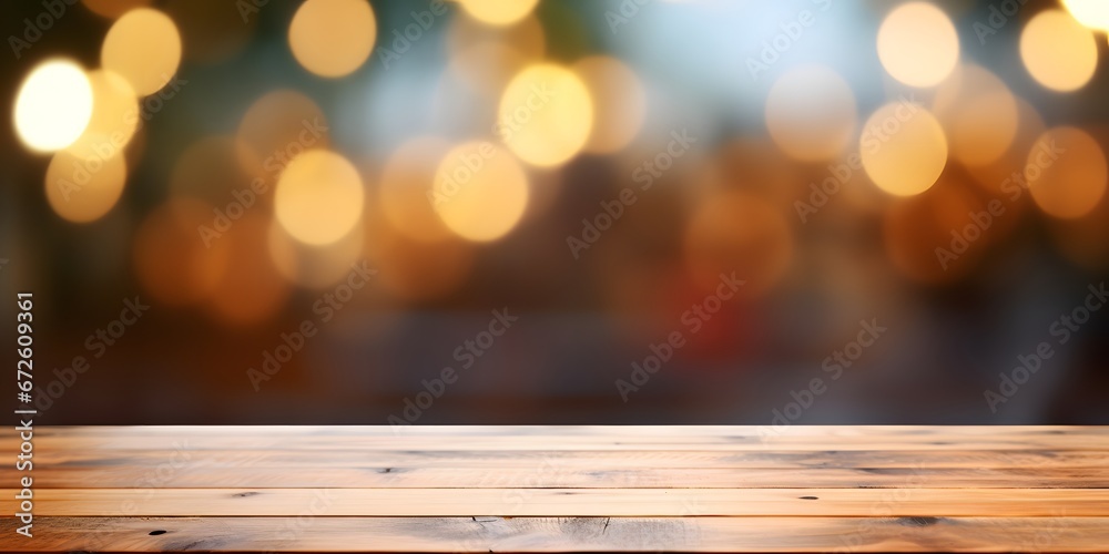 Close up on empty table made of wood in early morning with a light blurred background - generative ai Close up on empty table made of wood in early morning with a light blurred background - generative ai