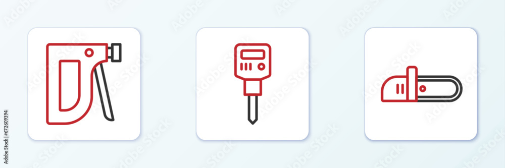 Set line Chainsaw, Construction stapler and jackhammer icon. Vector Set line Chainsaw, Construction stapler and jackhammer icon. Vector