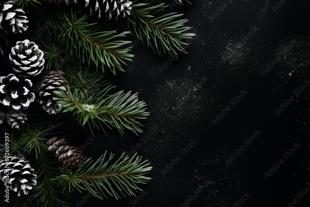 Christmas black background with snowy fir tree and cones, Top view with copy space, aesthetic look