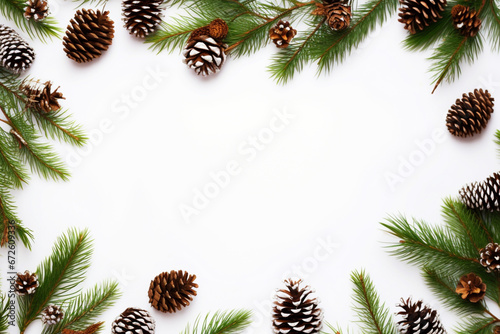 Christmas composition, Frame made of fir tree branches, pine cones on white background, Christmas, winter, new year concept, Flat lay, top view, copy space, aesthetic look