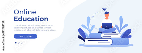 Online education concept. Vector website page layout. Illustrations with a man sitting on books with a laptop. Vector illustration EPS 10