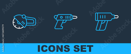 Set line Electric cordless screwdriver, Angle grinder and icon. Vector