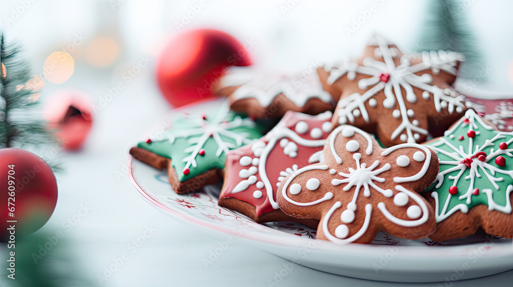 A delightful assortment of gingerbread Christmas cookies, perfect for holiday celebrations on white table with bokeh background