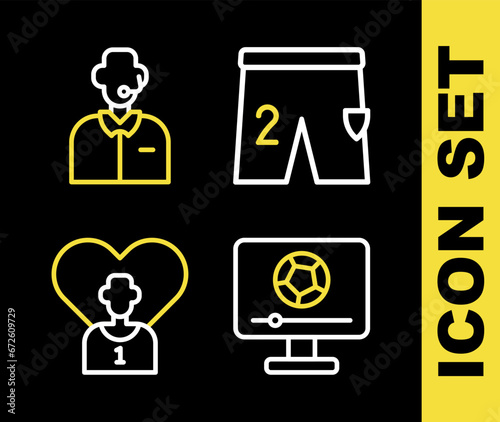 Set line Shorts for playing football, Football match on TV, soccer player and commentator icon. Vector