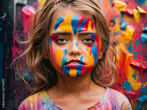 Graffitti surreal beautiful little girl face covered in colorful paint